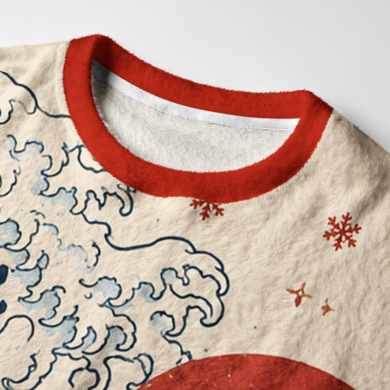 Tokyo-Tiger Wave Surfing Santa Fuzzy Christmas Ugly Sweatshirt