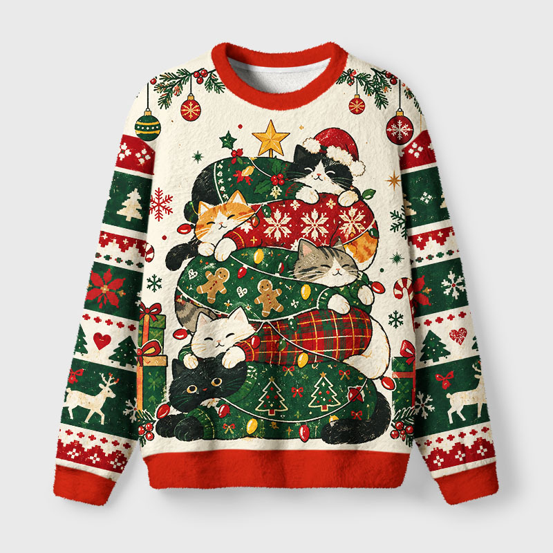 Tokyo-Tiger Stacked Christmas Cats Fuzzy Christmas Ugly Sweatshirt