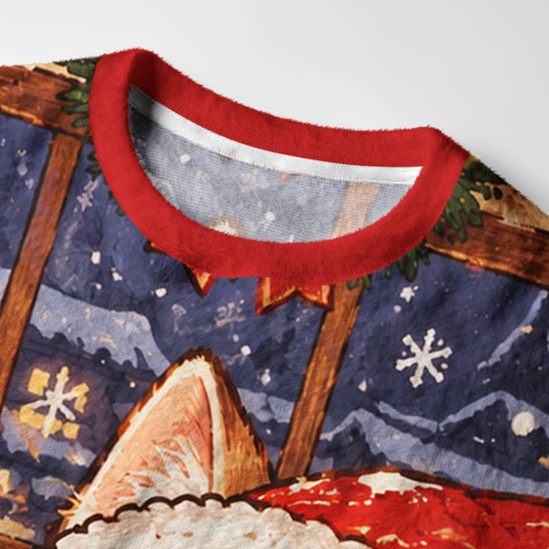 Tokyo-Tiger Sushi Eating Christmas Cat Fuzzy Christmas Ugly Sweatshirt