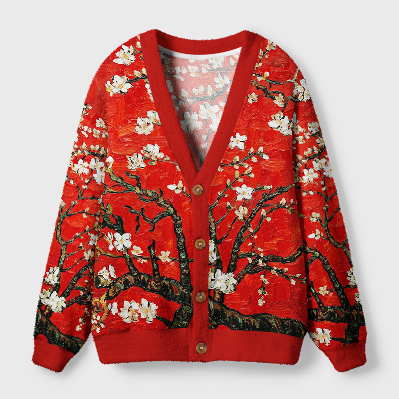 Tokyo-Tiger Van Gogh Red Almond Blossom Ugly Cardigan Sweater