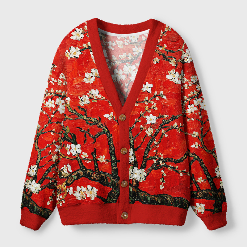 Tokyo-Tiger Van Gogh Red Almond Blossom Ugly Cardigan Sweater