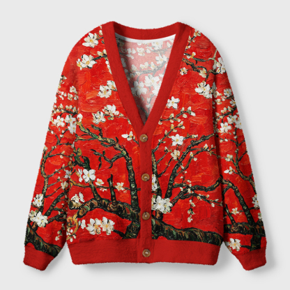 Tokyo-Tiger Van Gogh Red Almond Blossom Ugly Cardigan Sweater