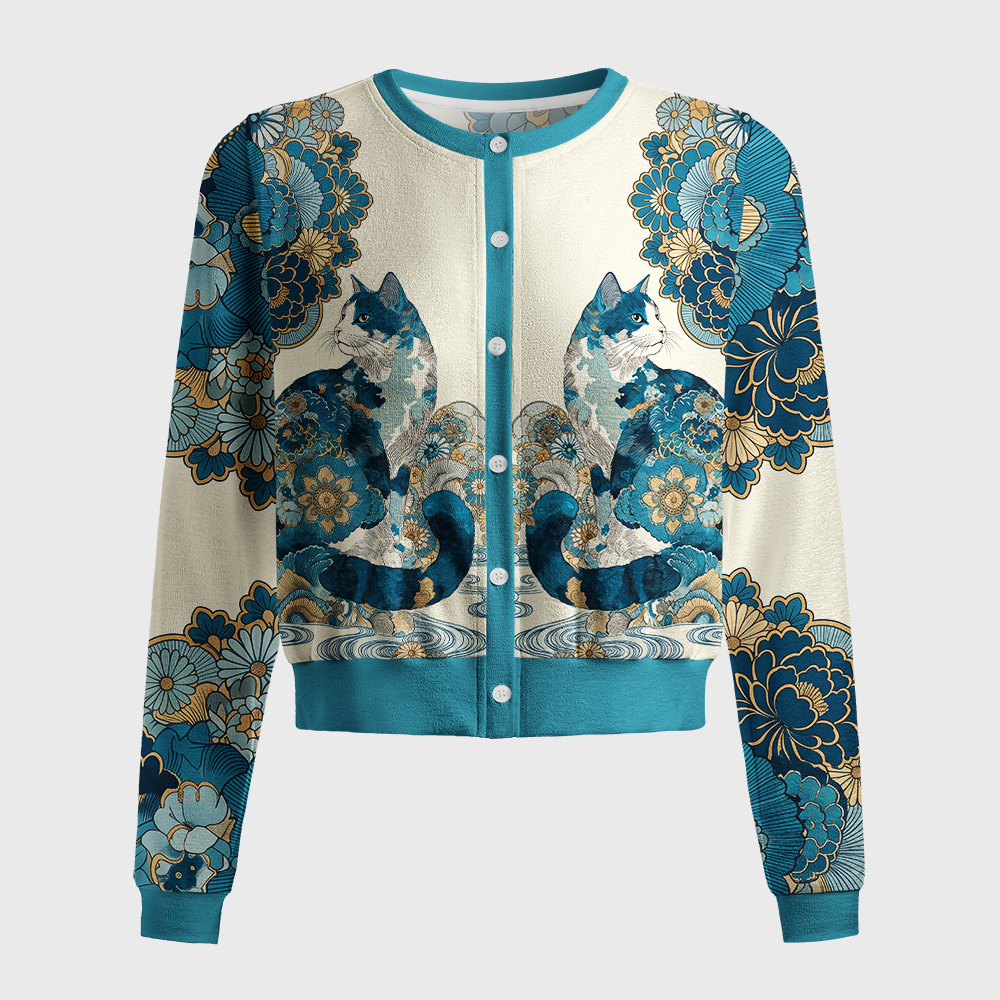 Tokyo-Tiger Blue‑Gilded Flower Cat Women's Lightweight Cardigan