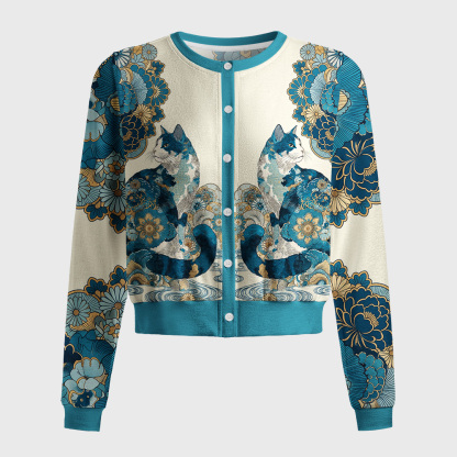 Tokyo-Tiger Blue‑Gilded Flower Cat Women's Lightweight Cardigan