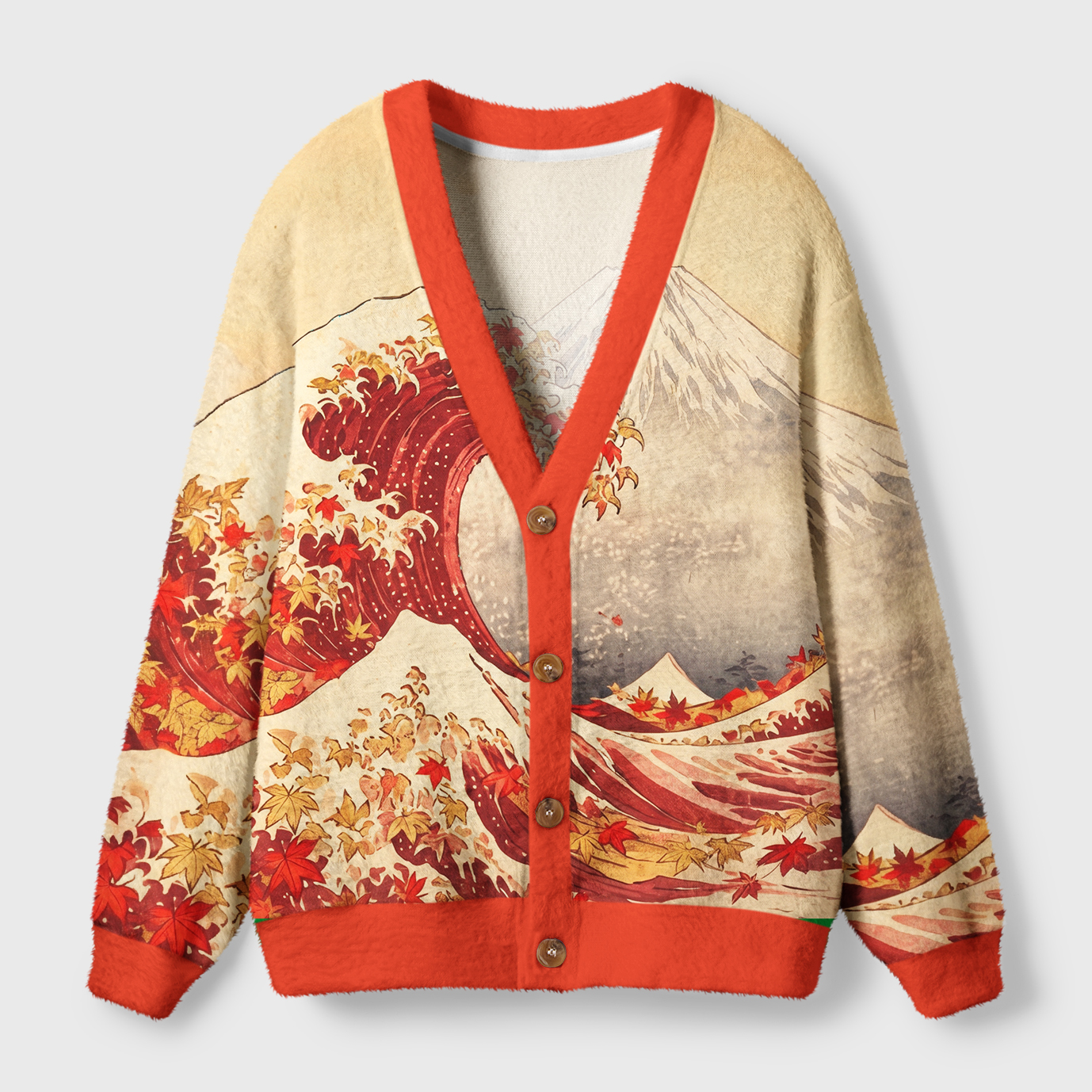 Tokyo-Tiger Crimson Wave Of Autumn Leaves Ugly Cardigan Sweater