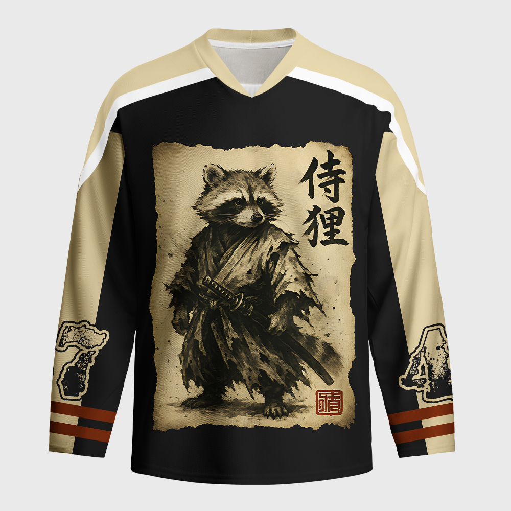 Tokyo-Tiger Retro Raccoon Samurai Long-Sleeve Hockey Jersey