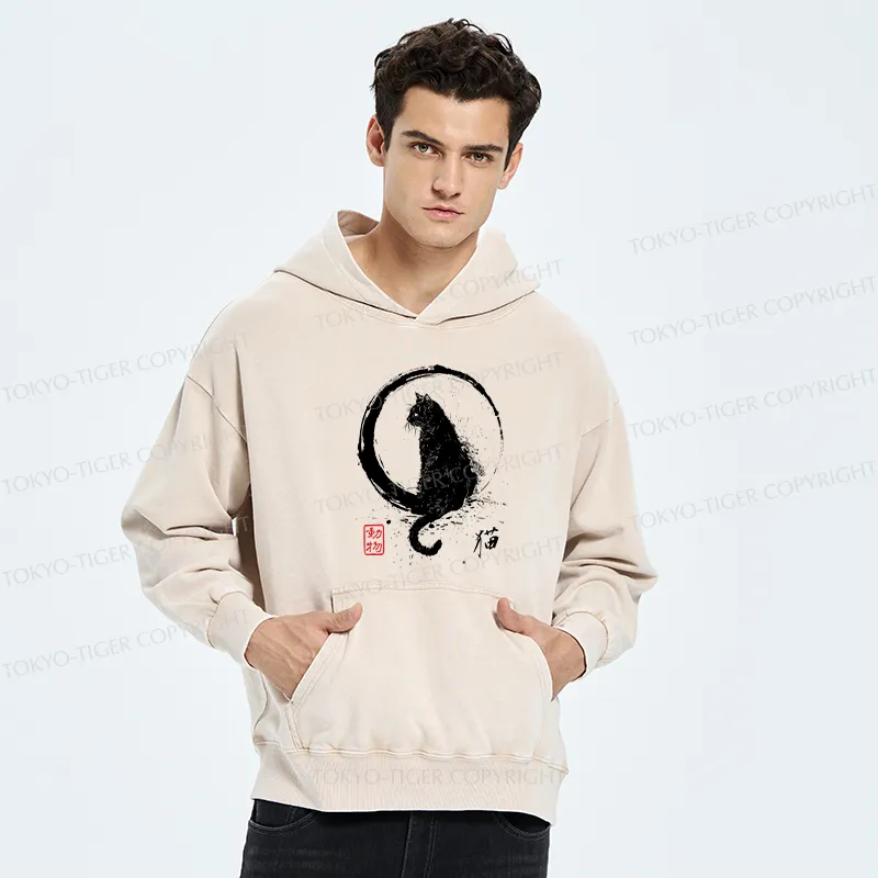 Tokyo-Tiger Retro Japanese Black Cat Washed Hoodie