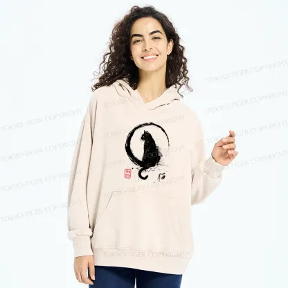 Tokyo-Tiger Retro Japanese Black Cat Washed Hoodie
