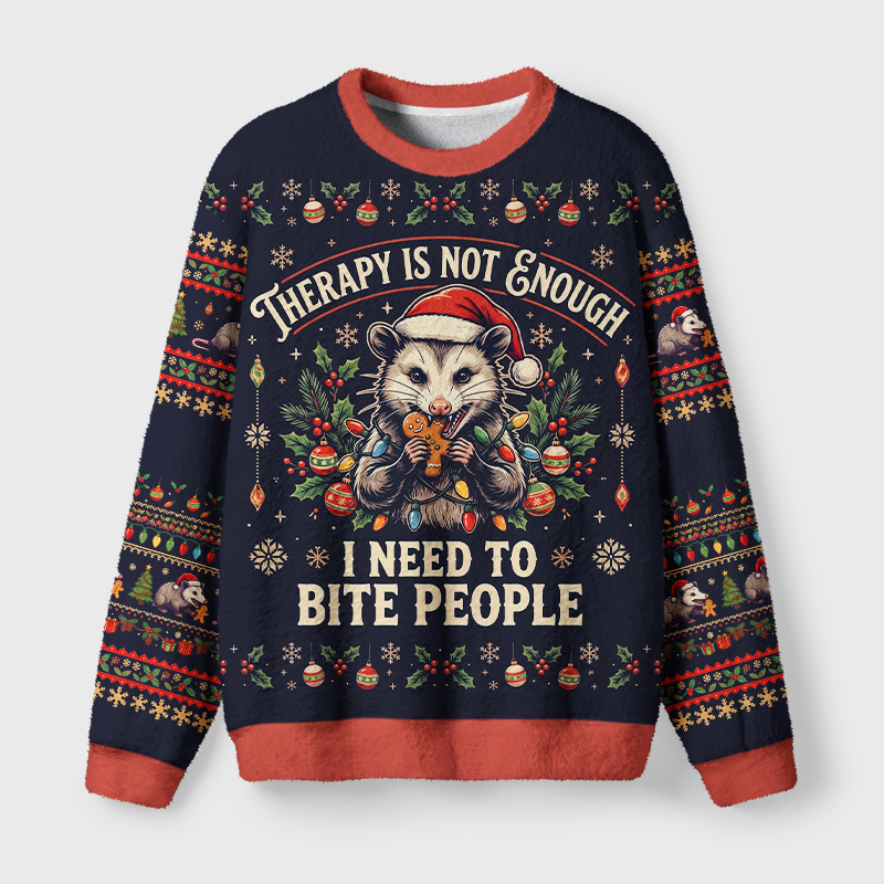 Tokyo-Tiger Therapy Is Not Enough Opossum Fuzzy Christmas Ugly Sweatshirt