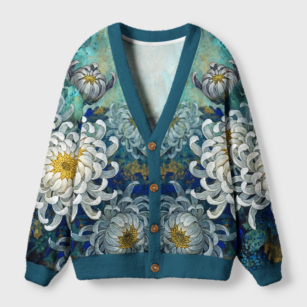 Tokyo-Tiger Indigo‑Blue Mums Ugly Cardigan Sweater