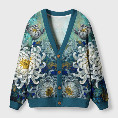 Tokyo-Tiger Indigo‑Blue Mums Ugly Cardigan Sweater