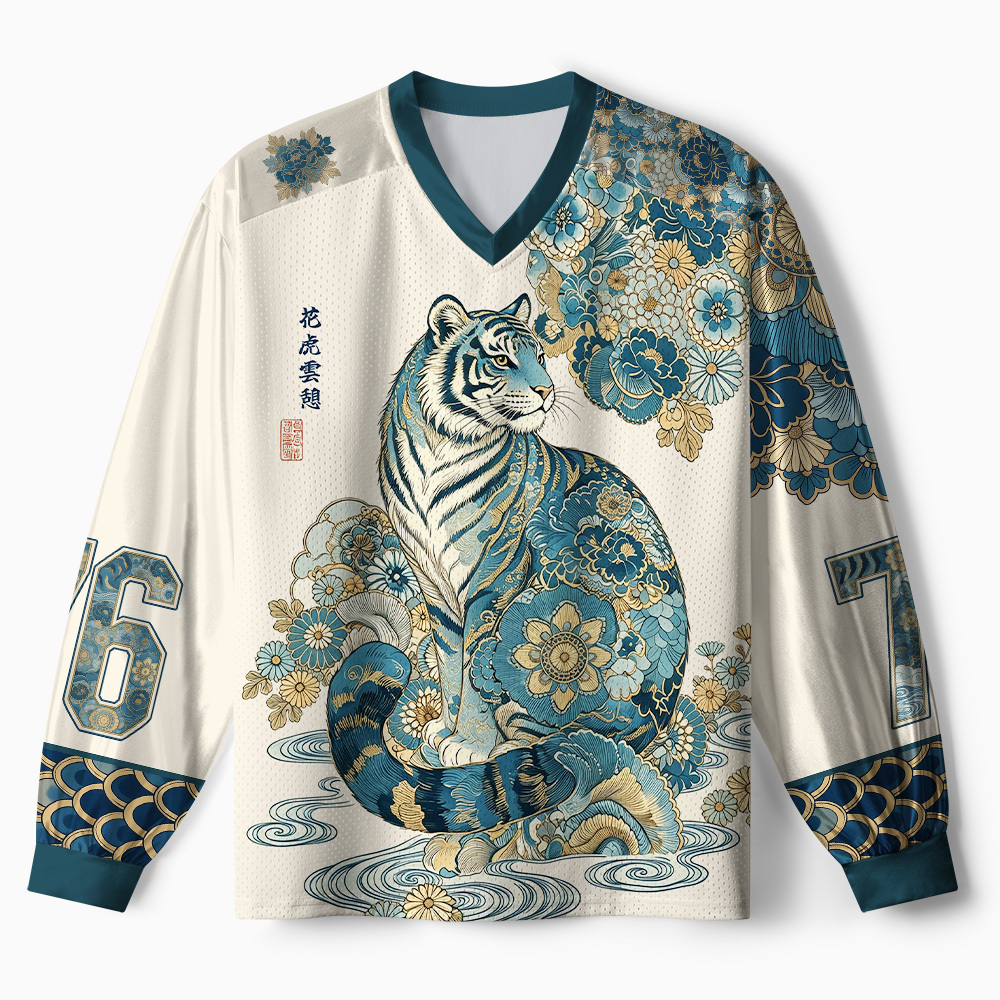 Tokyo-Tiger Cloud‑Resting Floral Tiger Paneled Long Sleeve Jersey