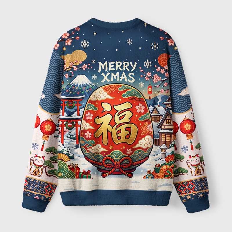 Tokyo-Tiger Japanese Daruma Lucky Cat Fuzzy Christmas Ugly Sweatshirt