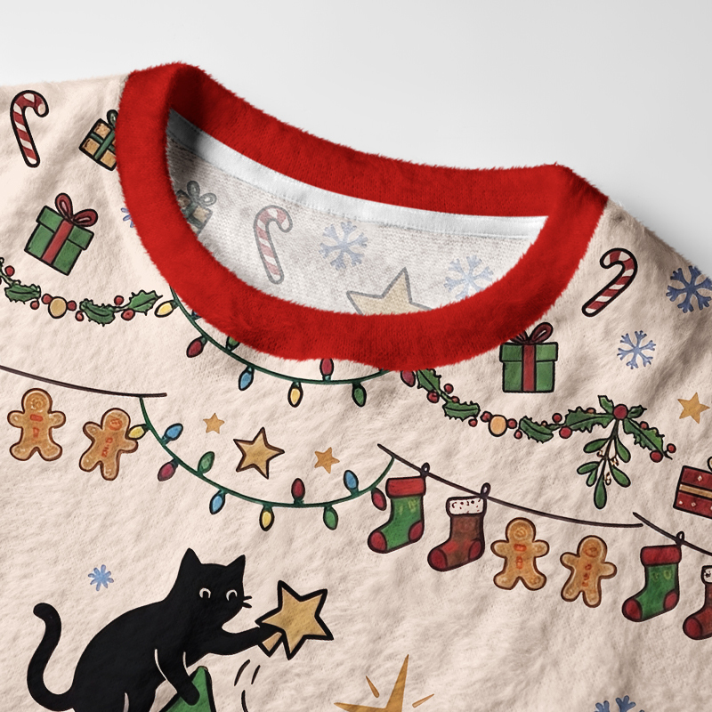 Tokyo-Tiger Black Cat Decorating Tree Fuzzy Christmas Ugly Sweatshirt