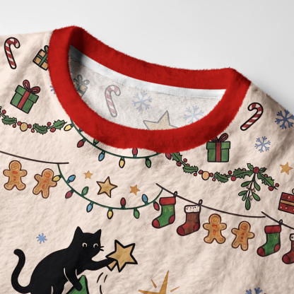 Tokyo-Tiger Black Cat Decorating Tree Fuzzy Christmas Ugly Sweatshirt