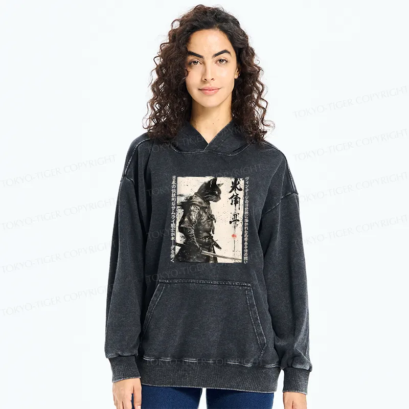 Tokyo-Tiger Cat Samurai Retro Washed Hoodie