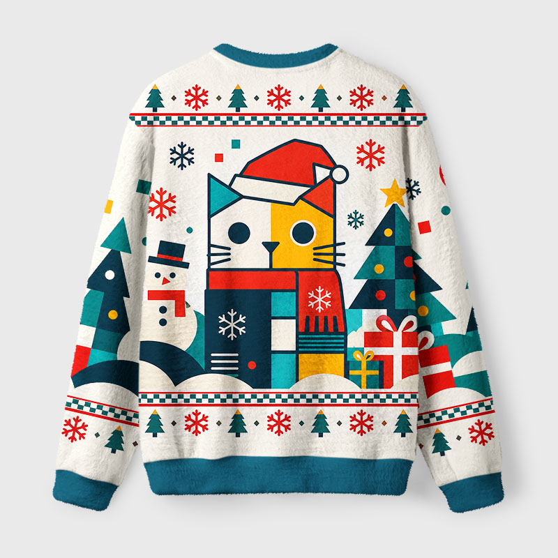 Tokyo-Tiger Geometric Santa Cat Fuzzy Christmas Ugly Sweatshirt