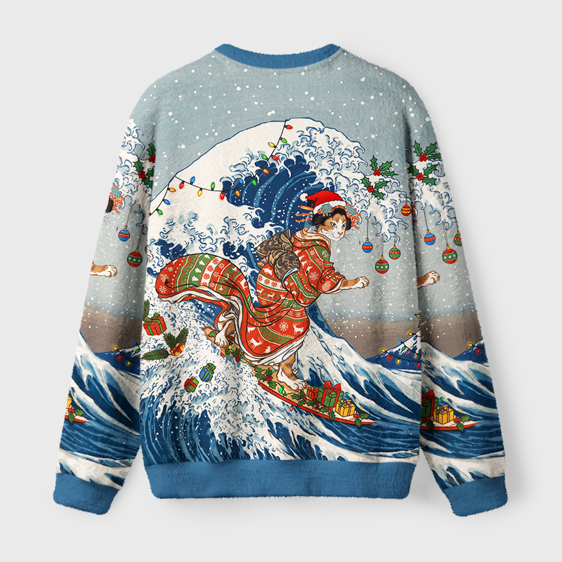 Tokyo-Tiger Cat Riding The Ukiyo-E Wave Fuzzy Christmas Ugly Sweatshirt