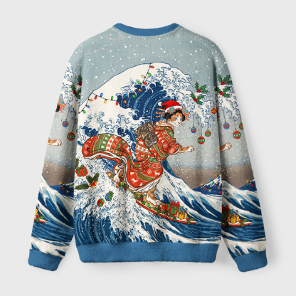 Tokyo-Tiger Cat Riding The Ukiyo-E Wave Fuzzy Christmas Ugly Sweatshirt