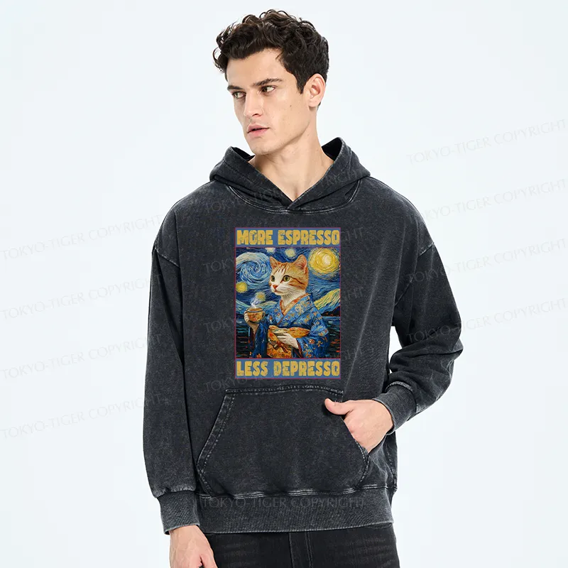 Tokyo-Tiger Funny More Espresso Less Depresso Washed Hoodie