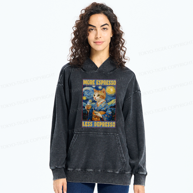 Tokyo-Tiger Funny More Espresso Less Depresso Washed Hoodie