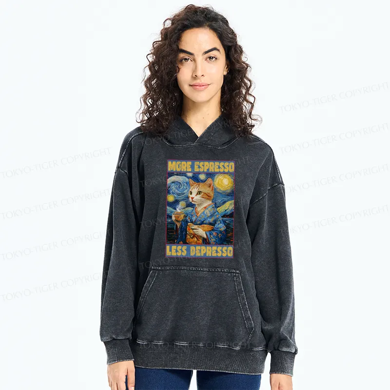 Tokyo-Tiger Funny More Espresso Less Depresso Washed Hoodie
