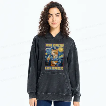 Tokyo-Tiger Funny More Espresso Less Depresso Washed Hoodie
