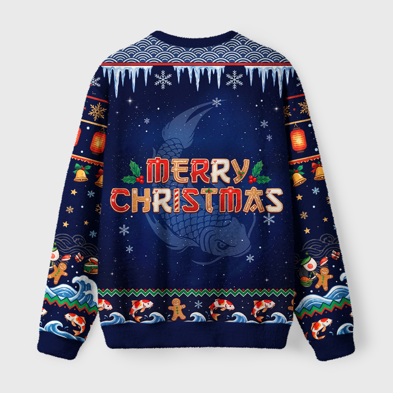 Tokyo-Tiger Santa Hat Koi Fish Christmas Sushi Fuzzy Christmas Ugly Sweatshirt