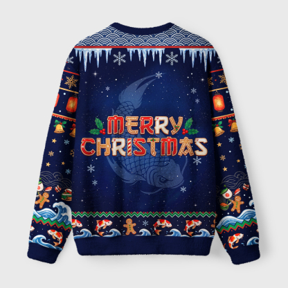 Tokyo-Tiger Santa Hat Koi Fish Christmas Sushi Fuzzy Christmas Ugly Sweatshirt