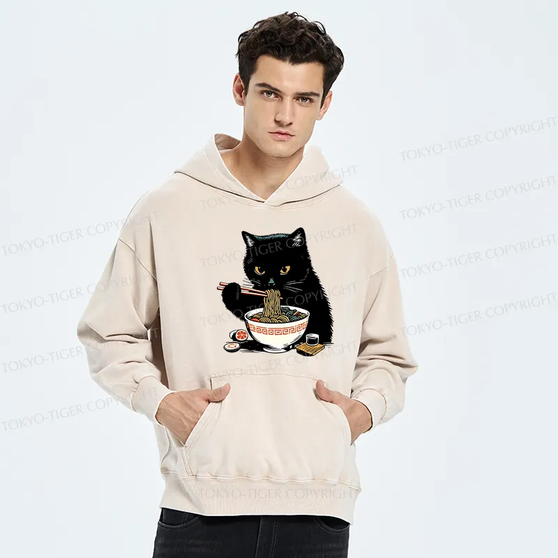 Tokyo-Tiger Cat Eating Favorite Ramen Washed Hoodie