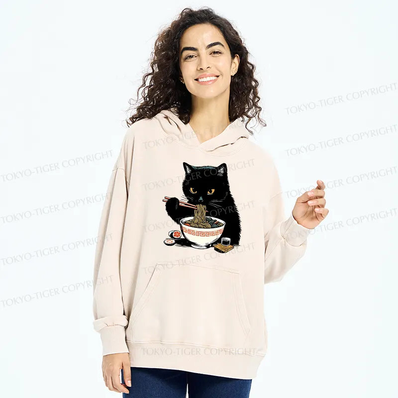 Tokyo-Tiger Cat Eating Favorite Ramen Washed Hoodie