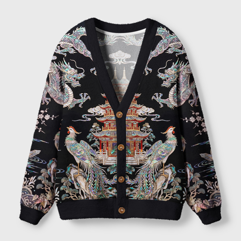 Tokyo-Tiger Shell Inlay Style Chinese Myth Creature Ugly Cardigan Sweater