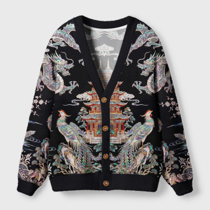 Tokyo-Tiger Shell Inlay Style Chinese Myth Creature Ugly Cardigan Sweater