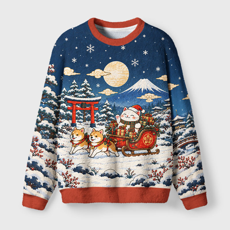 Tokyo-Tiger Dog Pull Santa Cat Fuzzy Christmas Ugly Sweatshirt