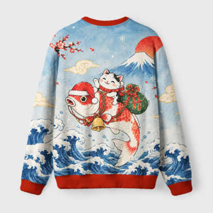 Tokyo-Tiger Cat Ride Koi Fuzzy Christmas Ugly Sweatshirt