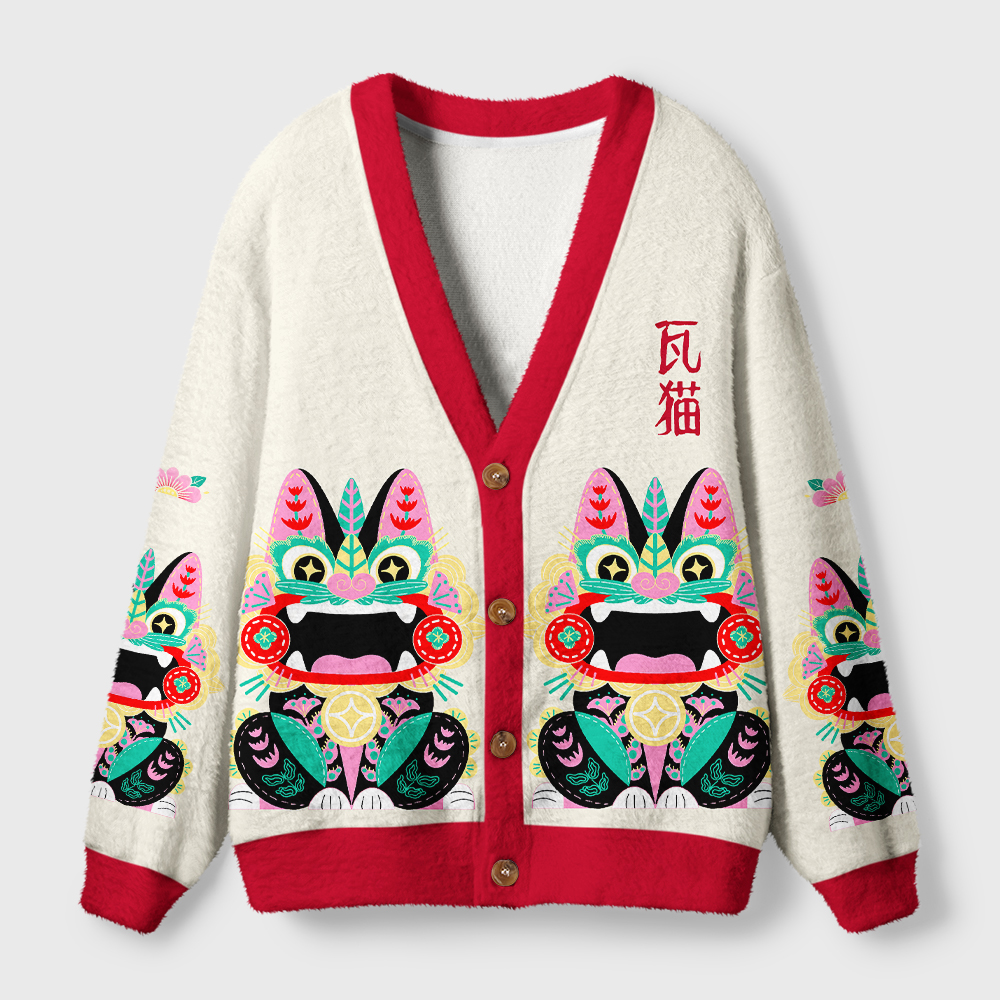 Tokyo-Tiger Lucky Tile Cat Ugly Cardigan Sweater