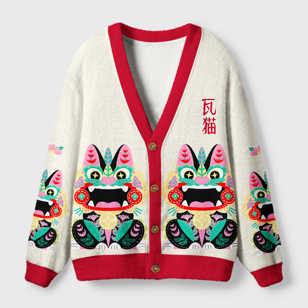 Tokyo-Tiger Lucky Tile Cat Ugly Cardigan Sweater
