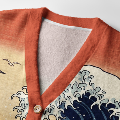 Tokyo-Tiger Ukiyo-E Samurai Cat Riding Octopus Ugly Cardigan Sweater