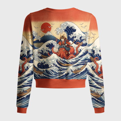 Tokyo-Tiger Ukiyo-E Samurai Cat Riding Octopus Women's Lightweight Cardigan