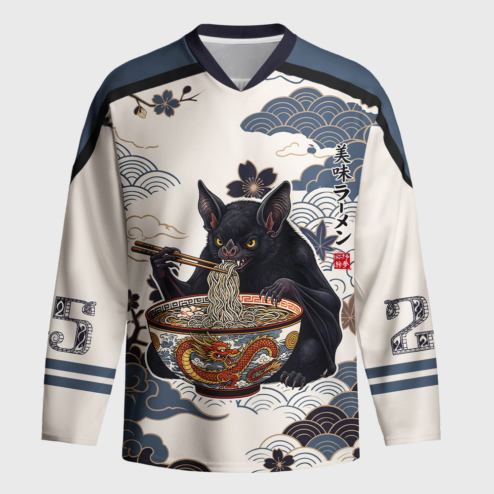 Tokyo-Tiger Japanese Bat Eating Ramen Long-Sleeve Hockey Jersey