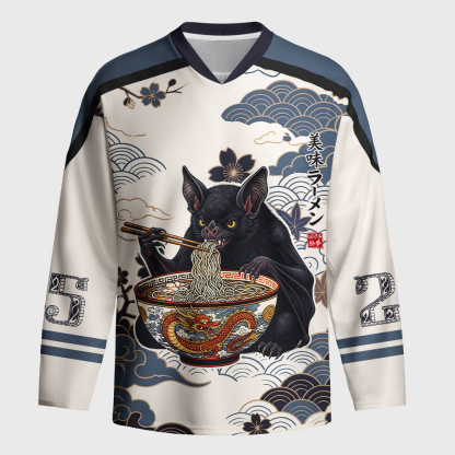 Tokyo-Tiger Japanese Bat Eating Ramen Long-Sleeve Hockey Jersey