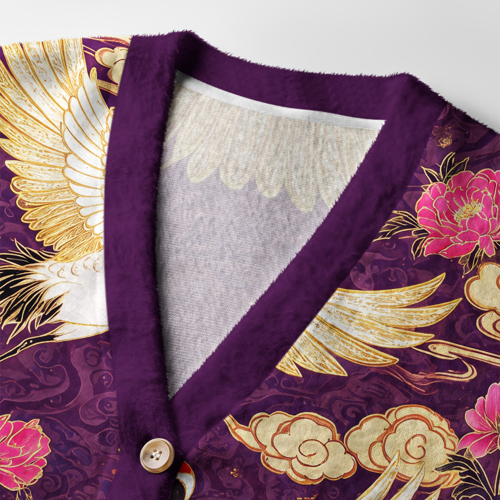 Tokyo-Tiger Purple Mist Flower Crane Ugly Cardigan Sweater