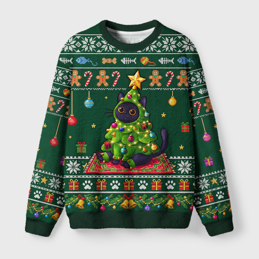 Tokyo-Tiger Cute Christmas Tree Cat Fuzzy Christmas Ugly Sweatshirt