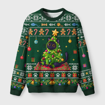Tokyo-Tiger Cute Christmas Tree Cat Fuzzy Christmas Ugly Sweatshirt