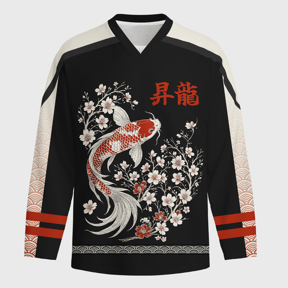 Tokyo-Tiger Vintage Sakura And Koi Long-Sleeve Hockey Jersey Sale