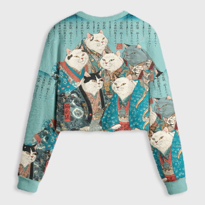 Tokyo-Tiger Formal Gathering of Ukiyo-e Cat Nobles Women's Fuzzy Cropped Sweatshirt