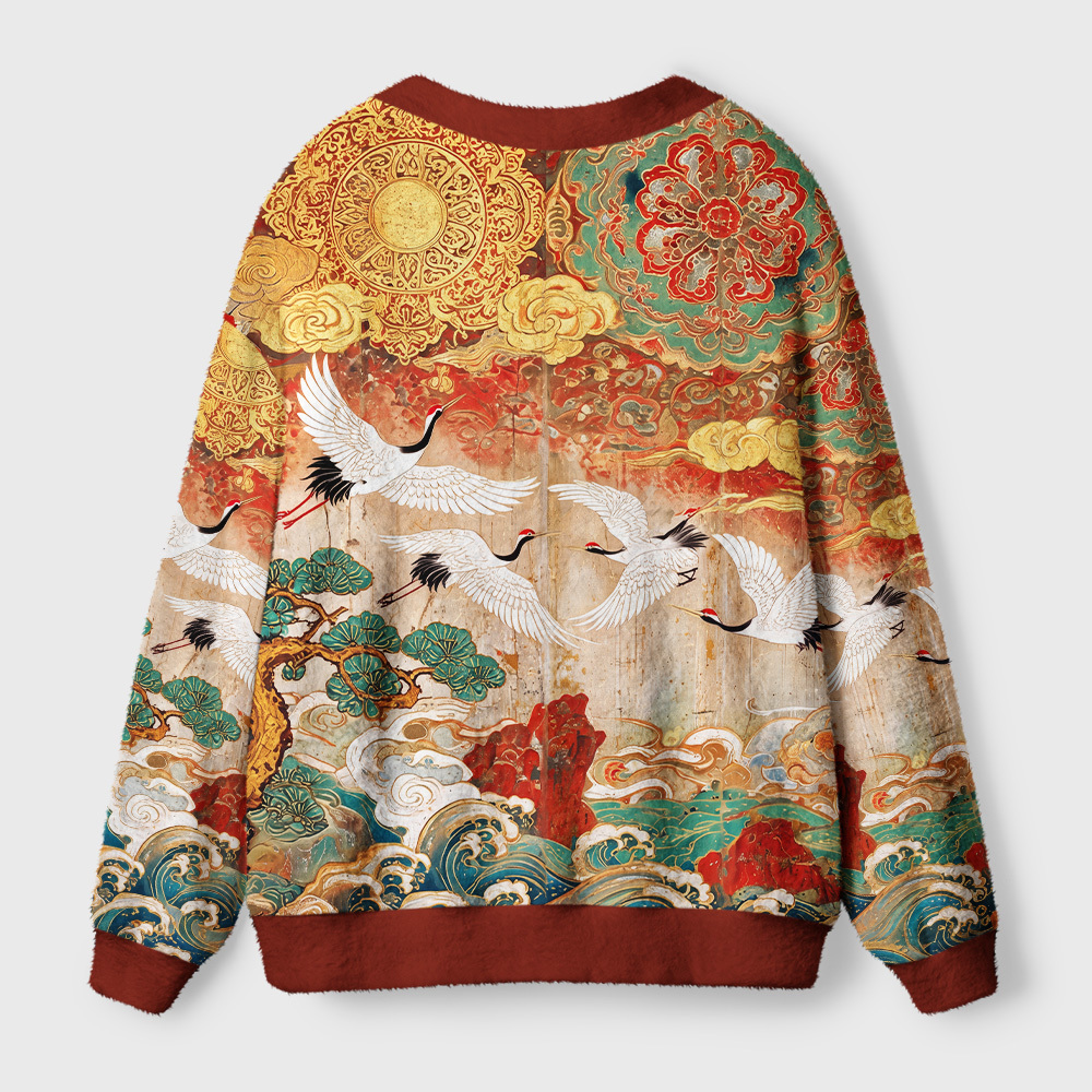 Tokyo-Tiger Golden Clouds Soaring Cranes Ugly Cardigan Sweater