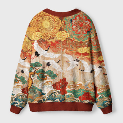 Tokyo-Tiger Golden Clouds Soaring Cranes Ugly Cardigan Sweater