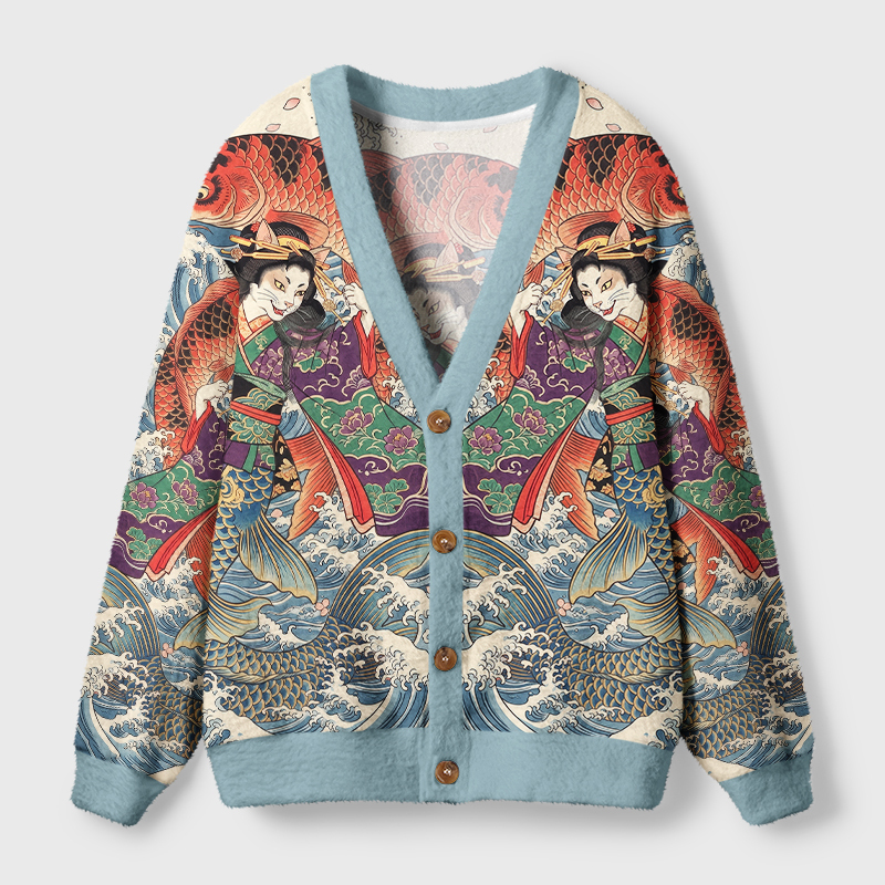 Tokyo-Tiger Ukiyo-E Cat Geisha Koi Fish Ugly Cardigan Sweater