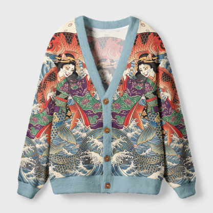 Tokyo-Tiger Ukiyo-E Cat Geisha Koi Fish Ugly Cardigan Sweater